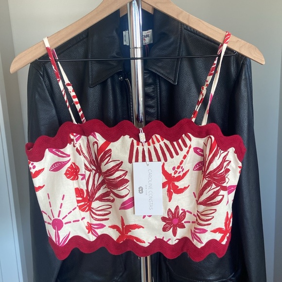 M🔖 CAROLINE CONSTAS Linen Scalloped Two Piece Skirt Set Floral Red Cream Ivory - Picture 4 of 10